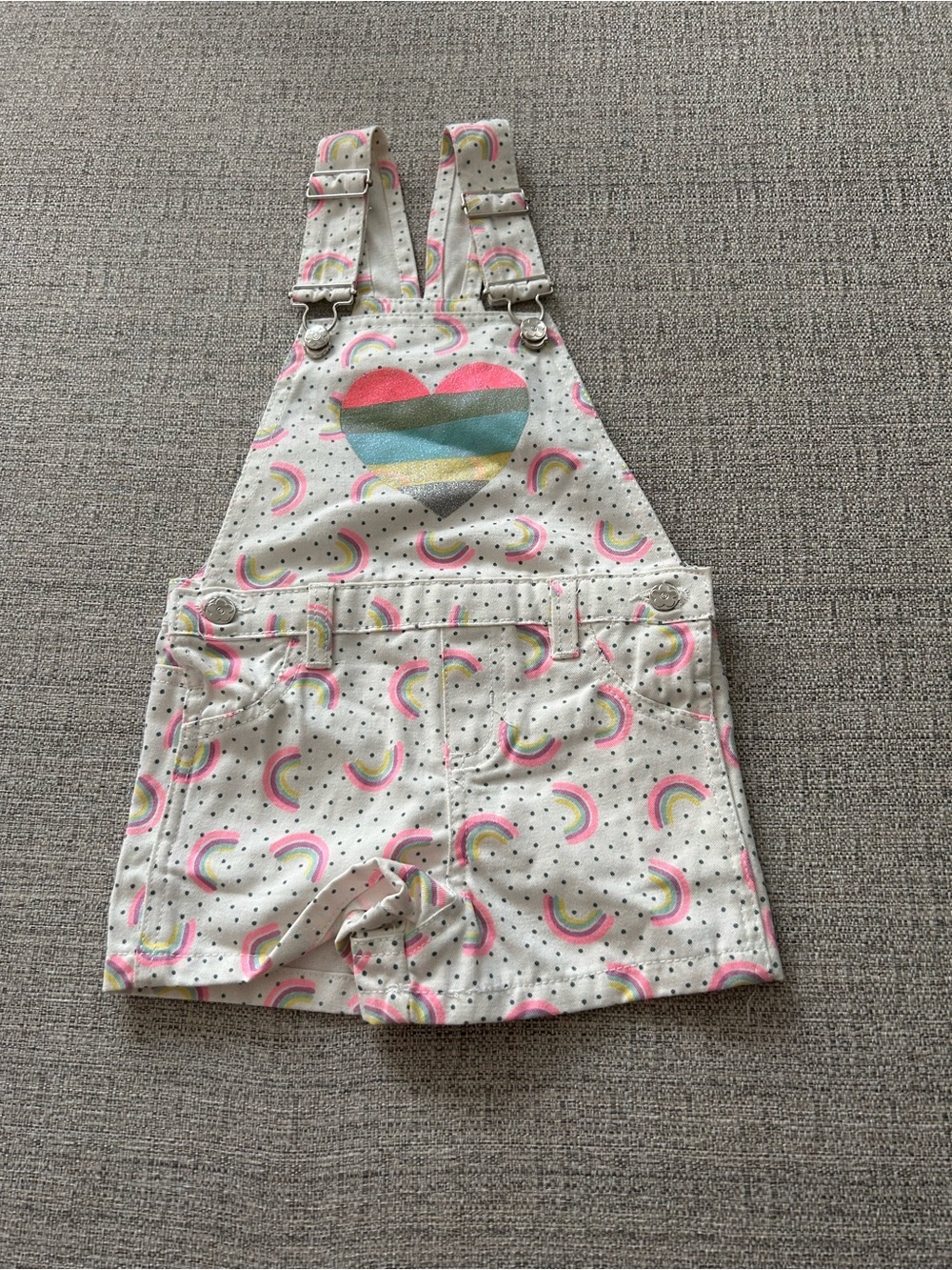 Colette Lilly Rainbow Heart Overall Shorts White Pink & Pastel Stripes. Size 3T